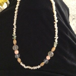 Freshwater pearl, of polished pale green, gold, pink & clear beads 19” necklace